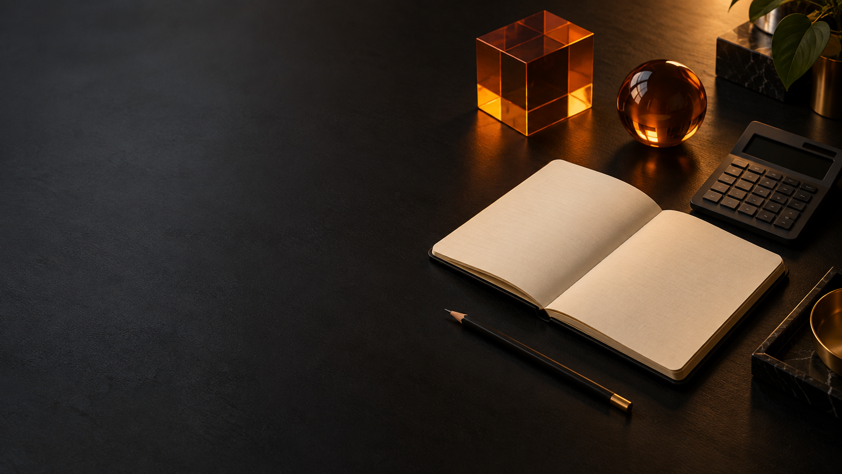 An amber-lit notebook with financial charts that build as you scroll