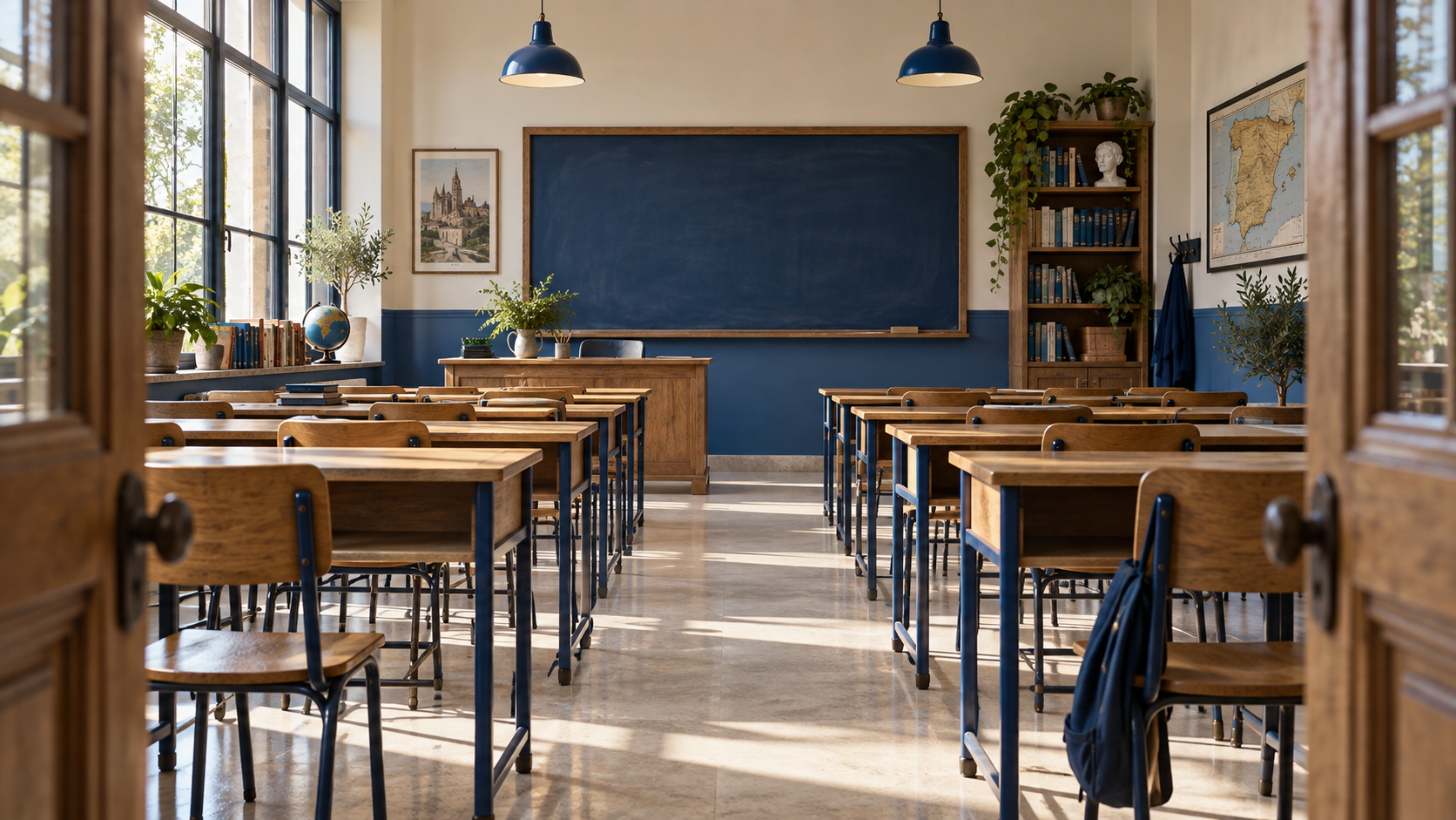 A sunlit classroom seen through its doorway